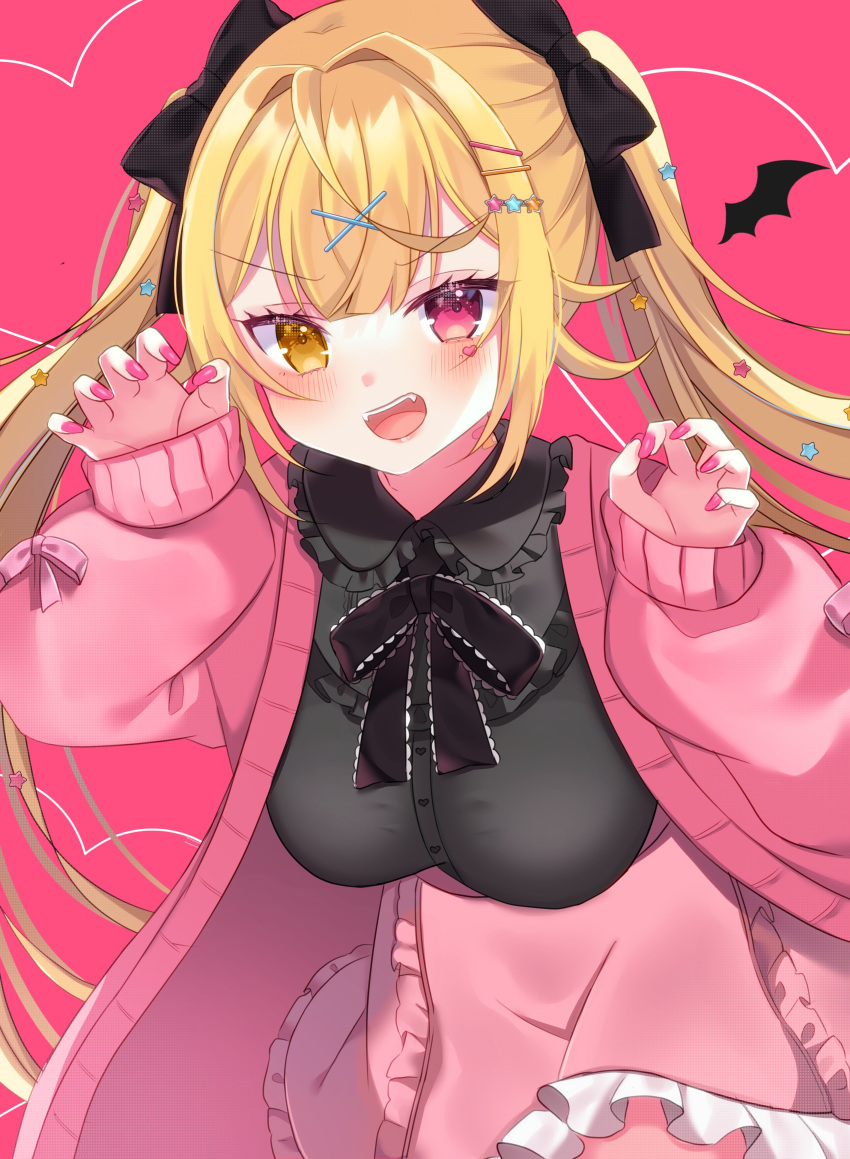 1girl absurdres bangs black_bow black_shirt blonde_hair bow breasts claw_pose collar collared_shirt eyebrows_visible_through_hair frilled_collar frills hair_bow heterochromia highres hoshikawa_sara kakyoxx leaning_forward medium_breasts nijisanji pink_skirt pink_sweater red_eyes shirt skirt smile solo sweater twintails v-shaped_eyebrows vampire_(vocaloid) virtual_youtuber yellow_eyes