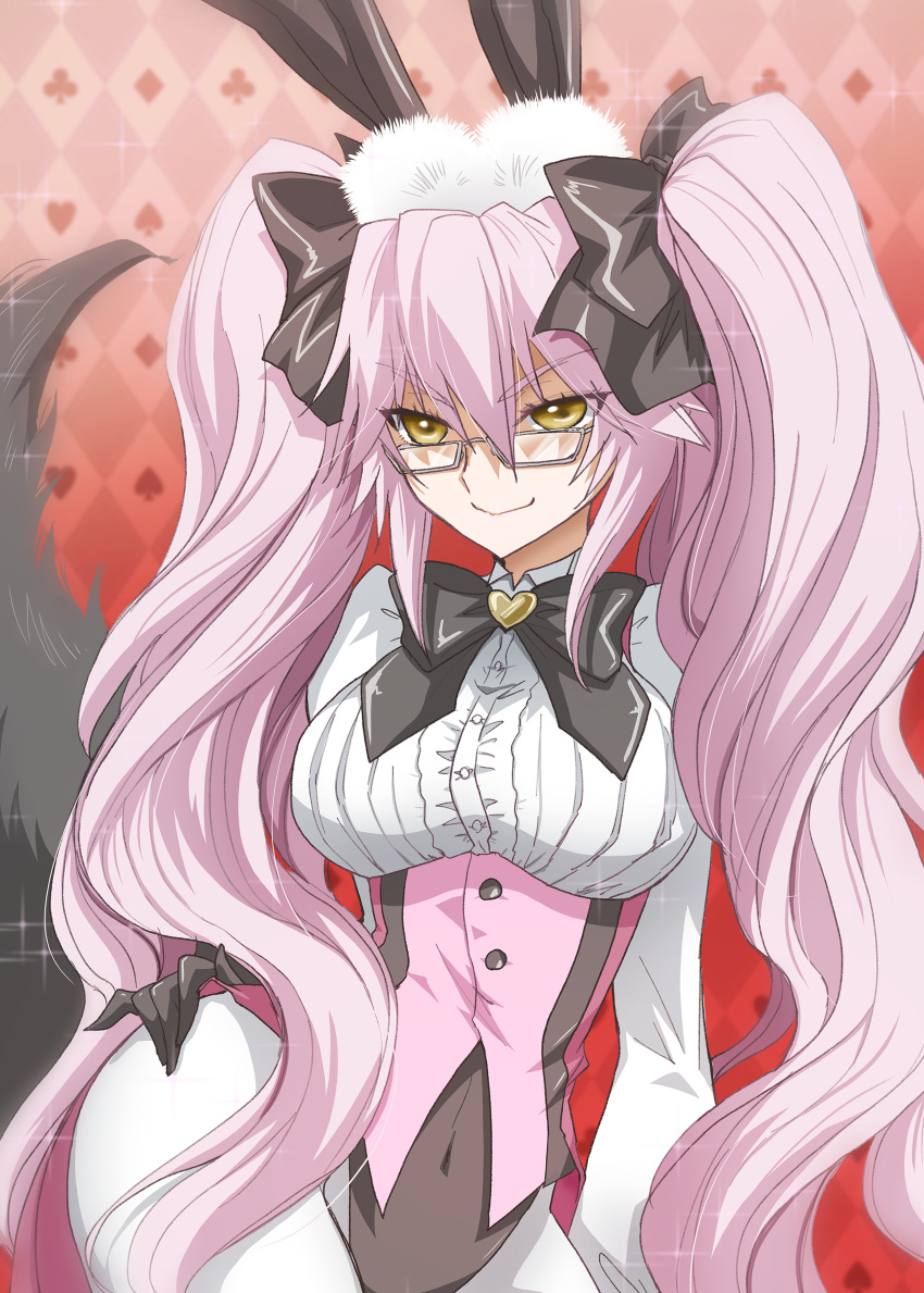 1girl absurdres animal_ear_fluff animal_ears bangs black_bow black_gloves bow breasts coattails collared_shirt corset dress_shirt fate/grand_order fate_(series) fox_tail glasses gloves hair_between_eyes hair_bow highres koyanskaya_(fate) large_breasts long_hair long_sleeves looking_at_viewer pantyhose pink_hair rabbit_ears shirt sidelocks smile solo tail tamamo_(fate) thighs tsunoda_uei twintails underbust white_legwear white_shirt yellow_eyes