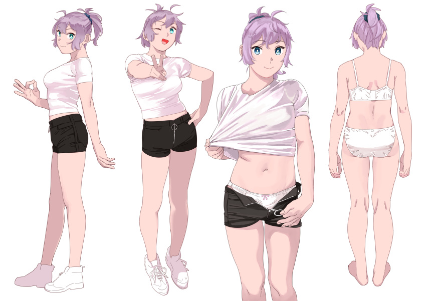 1girl absurdres aoba_(kancolle) bangs barefoot black_shorts blue_eyes bra breasts clothes_pull eyebrows_visible_through_hair hair_ornament hair_scrunchie hand_on_hip highres kantai_collection medium_breasts multiple_views navel ojipon ok_sign one_eye_closed open_clothes open_mouth open_shorts panties pink_hair ponytail scrunchie shirt shoes short_sleeves shorts shorts_pull simple_background smile sneakers standing underwear v white_background white_bra white_footwear white_panties white_shirt