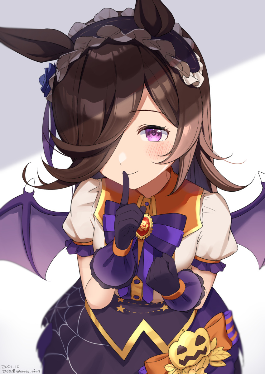 1girl absurdres animal_ears bangs black_hairband black_skirt blush bow brown_hair center_frills closed_mouth commentary_request eyebrows_visible_through_hair finger_to_mouth frilled_hairband frills hair_over_one_eye hairband halloween hand_up highres hirota_fruit horse_ears looking_at_viewer puffy_short_sleeves puffy_sleeves purple_wings rice_shower_(umamusume) shirt short_sleeves shushing skirt smile solo striped striped_bow umamusume violet_eyes white_shirt wings
