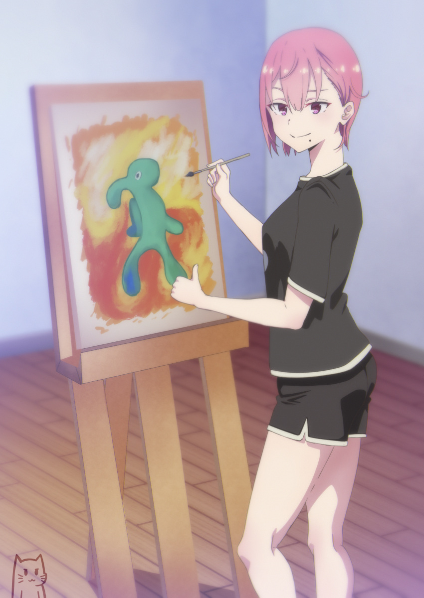 1girl absurdres artist_logo bangs black_shirt black_shorts canvas_(object) dolphin_shorts from_side hair_behind_ear highres holding holding_paintbrush indoors keihh looking_at_viewer mole mole_under_mouth original paint paintbrush painting_(object) pink_hair shirt short_hair shorts solo spongebob_squarepants squidward_tentacles standing thumbs_up wooden_floor