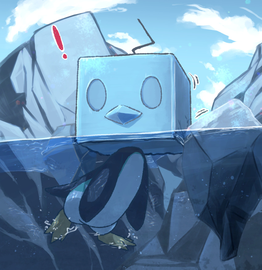 ! afloat clouds commentary_request day eiscue eiscue_(ice) full_body highres kotobukkii_(yt_lvlv) looking_to_the_side no_humans outdoors partially_underwater_shot pokemon pokemon_(creature) sky solo water