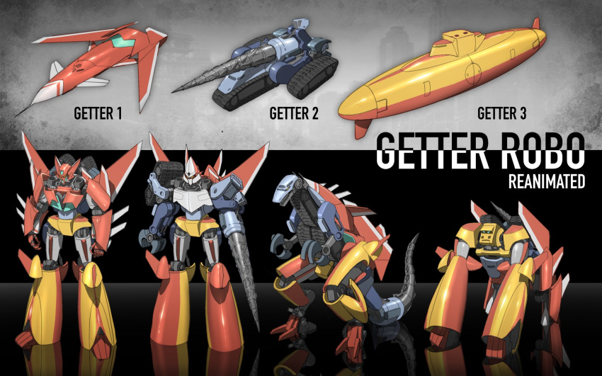 aircraft airplane caterpillar_tracks copyright_name drill getter-1 getter-2 getter-3 getter_robo getter_robo_(1st_series) highres jet mecha no_humans orange_eyes redesign science_fiction submarine super_robot theamazingspino watercraft yellow_eyes