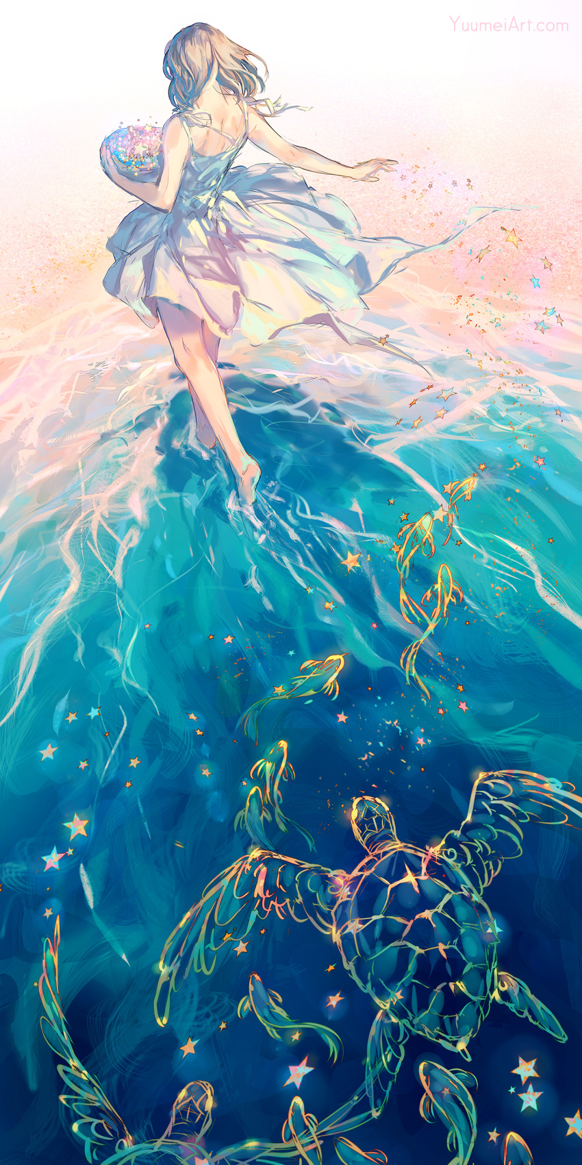 1girl absurdres animal bare_arms bare_shoulders barefoot beach brown_hair commentary dress english_commentary facing_away fish from_behind highres original sea_turtle sleeveless sleeveless_dress soles solo star_(symbol) turtle walking water watermark web_address white_dress winged_animal yuumei