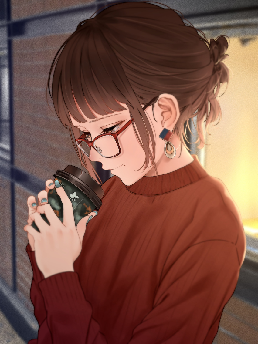 1girl absurdres bangs blunt_bangs breasts brick_wall brown_eyes brown_hair coffee_cup cup disposable_cup earrings glasses hair_up highres jewelry light_blush long_sleeves mole mole_under_mouth nail_polish original outdoors red_sweater ribbed_sweater saitou_(lynx-shrike) sidelocks small_breasts solo sweater upper_body window