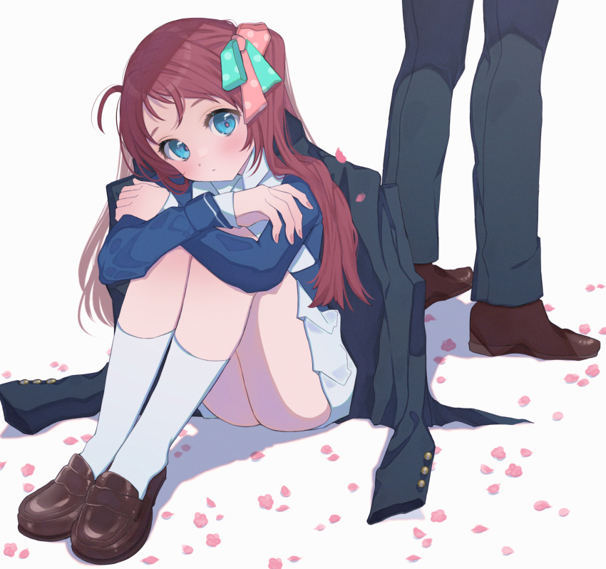 1boy 1girl blue_eyes cherry_blossoms closed_mouth collared_shirt dot_mouth dot_nose expressionless fetal_position flower full_body gogat8 hair_ornament hair_ribbon highres hugging_own_legs jacket jacket_on_shoulders kneehighs knees_on_chest knees_to_chest knees_up loafers long_sleeves looking_at_viewer minamoto_sakura on_ground petals pleated_skirt redhead ribbon school_uniform shirt shoes simple_background sitting skirt solo_focus tatsumi_koutarou uniform white_background white_shirt white_skirt zombie_land_saga