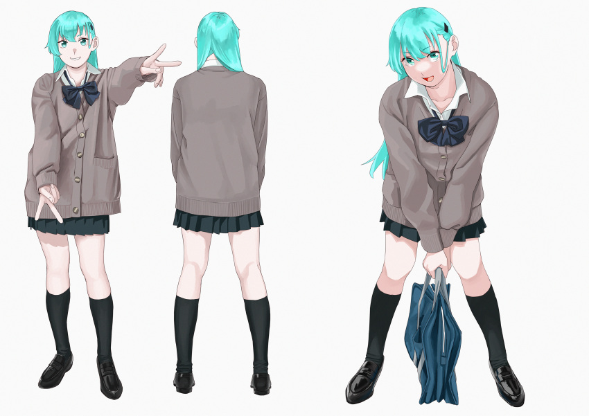 1girl absurdres aqua_hair bag bangs black_footwear black_legwear blue_eyes blue_neckwear blue_skirt bow bowtie brown_cardigan cardigan double_v grey_background hair_ornament hairclip highres holding holding_bag kantai_collection kneehighs loafers long_hair long_sleeves multiple_views ojipon open_mouth pleated_skirt school_bag shoes simple_background skirt smile standing suzuya_(kancolle) v