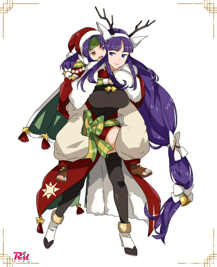 2girls altina animal_ears antlers artist_name bangs bell blue_eyes breasts cape carrying eyebrows_visible_through_hair fake_animal_ears fire_emblem fire_emblem:_path_of_radiance fire_emblem:_radiant_dawn fire_emblem_heroes full_body fur_trim gloves green_headband hair_ornament hat headband highres large_breasts long_hair multiple_girls official_alternate_costume open_mouth pants parted_bangs piggyback purple_hair r3dfive red_gloves reindeer_antlers sanaki_kirsch_altina santa_hat smile thigh-highs tied_hair upper_teeth very_long_hair white_background white_pants yellow_eyes