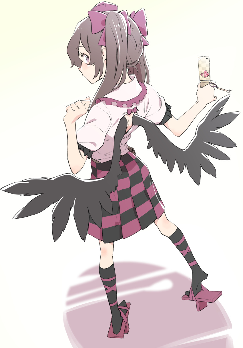 1girl absurdres back_cutout bird_wings black_wings brown_eyes brown_hair camera cellphone checkered checkered_skirt clothing_cutout commentary_request from_behind full_body geta hair_ribbon hat highres himekaidou_hatate kawayabug long_hair looking_at_viewer looking_back necktie open_mouth phone pink_shirt pointy_ears pom_pom_(clothes) puffy_short_sleeves puffy_sleeves purple_footwear purple_ribbon ribbon shadow shirt short_sleeves sidelocks simple_background skirt solo standing tengu-geta tokin_hat touhou twintails two_side_up white_background wings