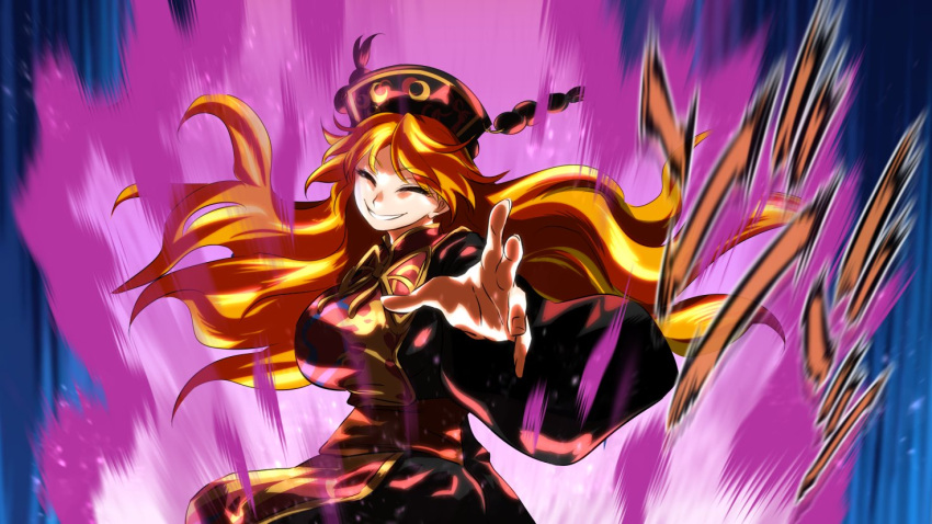 1girl bangs breasts chinese_clothes commentary crazy_smile energy floating_hair junko_(touhou) large_breasts long_hair long_sleeves looking_at_viewer menacing_(jojo) orange_hair outstretched_arm phoenix_crown red_eyes ribbon shundou_heishirou solo tabard tassel touhou upper_body wide_sleeves yellow_neckwear yellow_ribbon
