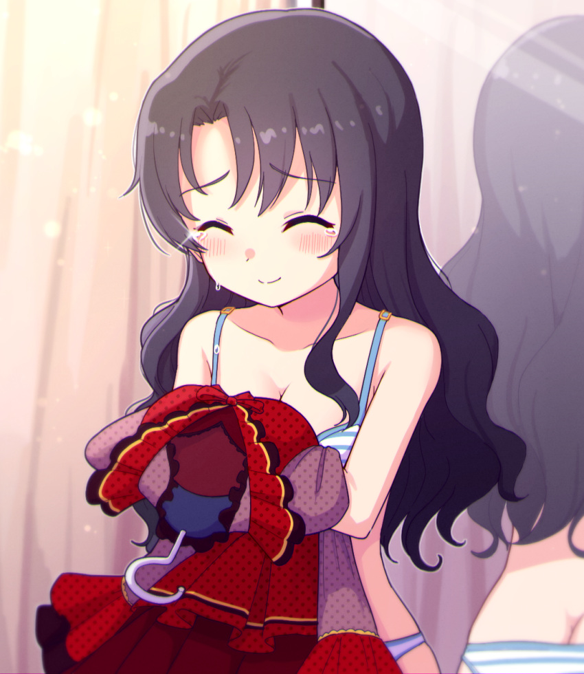 1girl ^_^ ass bare_shoulders blush bra closed_eyes closed_mouth clothes_hanger collarbone commentary_request crying curtains dress dress_removed happy_tears highres idolmaster idolmaster_million_live! idolmaster_million_live!_theater_days indoors mirror panties red_dress reflection see-through smile solo striped striped_bra striped_panties takayama_sayoko takiki tears underwear underwear_only