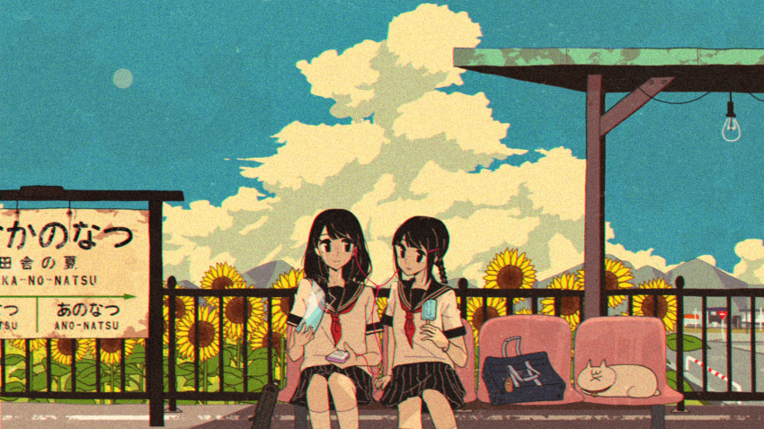 2girls :x absurdres ankle_socks awakumo bag bag_removed bangs black_bag black_eyes black_hair black_sailor_collar black_skirt black_wristband blue_bag blue_sky blunt_bangs braid braided_ponytail cable cat chair closed_mouth clouds commentary_request cumulonimbus_cloud day digital_media_player earphones english_commentary film_grain flower food hair_ornament hairclip highres holding holding_food kneehighs light_bulb light_smile long_hair looking_at_another making-of_available mixed-language_commentary moon mountain mountainous_horizon multiple_girls multiple_sources neckerchief on_chair original outdoors parted_lips pillar pleated_skirt popsicle railing red_neckwear road road_sign sailor_collar school_bag school_uniform serafuku shared_earphones shirt short_sleeves sign single_braid sitting skirt sky summer sunflower train_station train_station_platform white_cat white_legwear white_serafuku white_shirt wristband yellow_flower