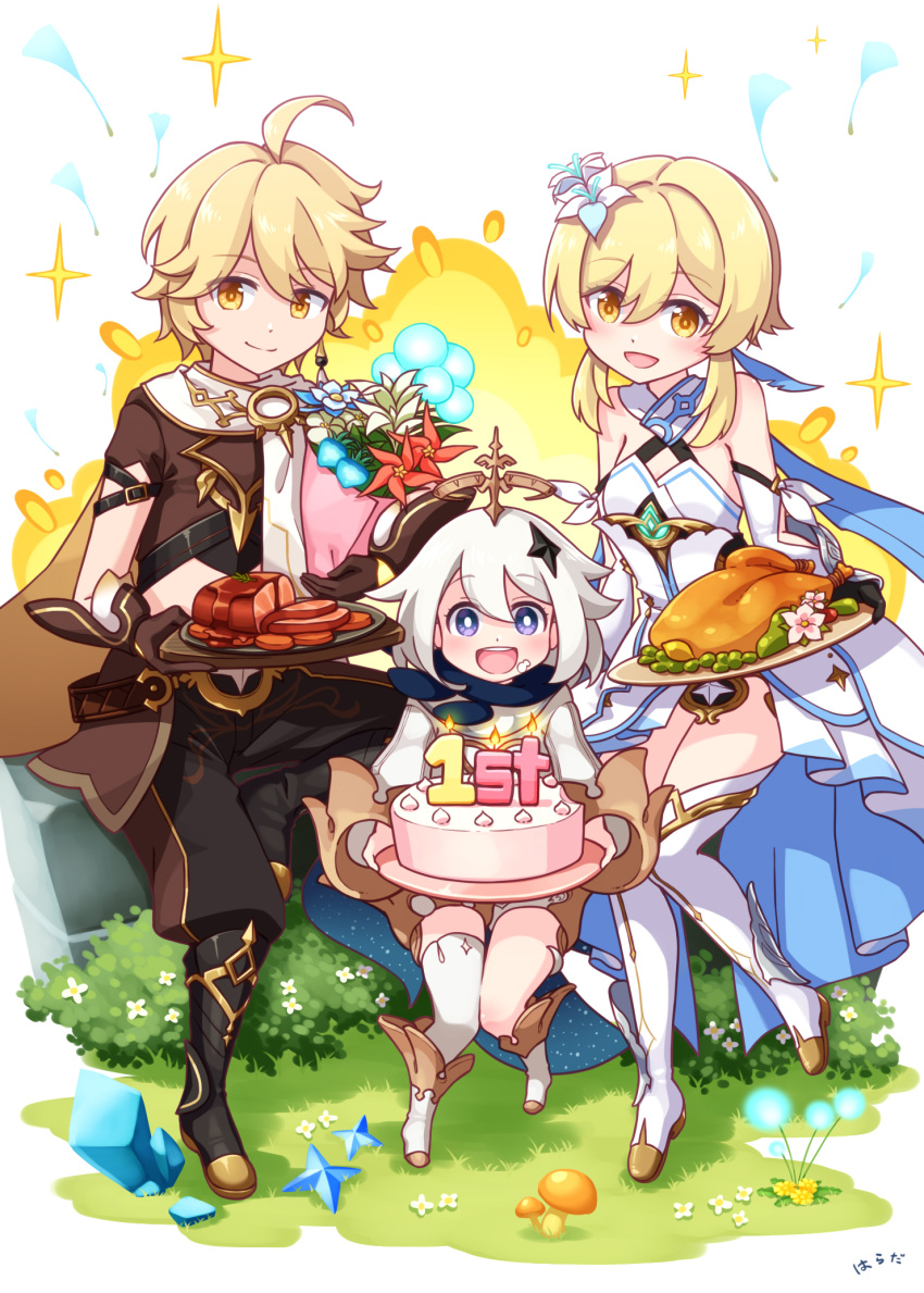 1boy 2girls :d aether_(genshin_impact) ahoge bangs bare_shoulders black_footwear black_gloves black_pants blonde_hair blue_flower blush boots bouquet breasts brother_and_sister brown_eyes brown_shirt bush cake closed_mouth commentary_request crystal dress explosion eyebrows_visible_through_hair flower food food_on_face genshin_impact gloves grey_hair hair_between_eyes hair_flower hair_ornament harada_(sansei_rain) highres holding holding_plate knee_boots long_hair long_sleeves lumine_(genshin_impact) multiple_girls mushroom open_mouth paimon_(genshin_impact) pants plate primogem red_flower revision shirt short_sleeves siblings single_thighhigh small_breasts smile sparkle sticky_honey_roast_(genshin_impact) sweet_madame_(genshin_impact) thigh-highs thigh_boots thighhighs_under_boots turkey_(food) violet_eyes white_dress white_flower white_legwear yellow_flower