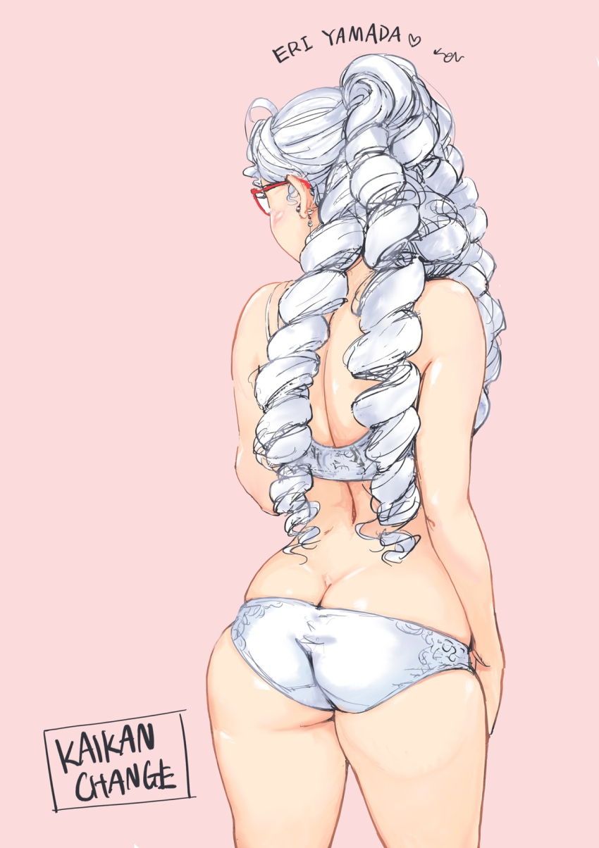 1girl ass bra butt_crack carina_(xiaowoo) character_name commentary_request copyright_name drill_hair earrings from_behind glasses heart highres jewelry kaikan_change long_hair panties pink_background red-framed_eyewear simple_background skindentation solo standing underwear white_bra white_hair white_panties yamada_eri