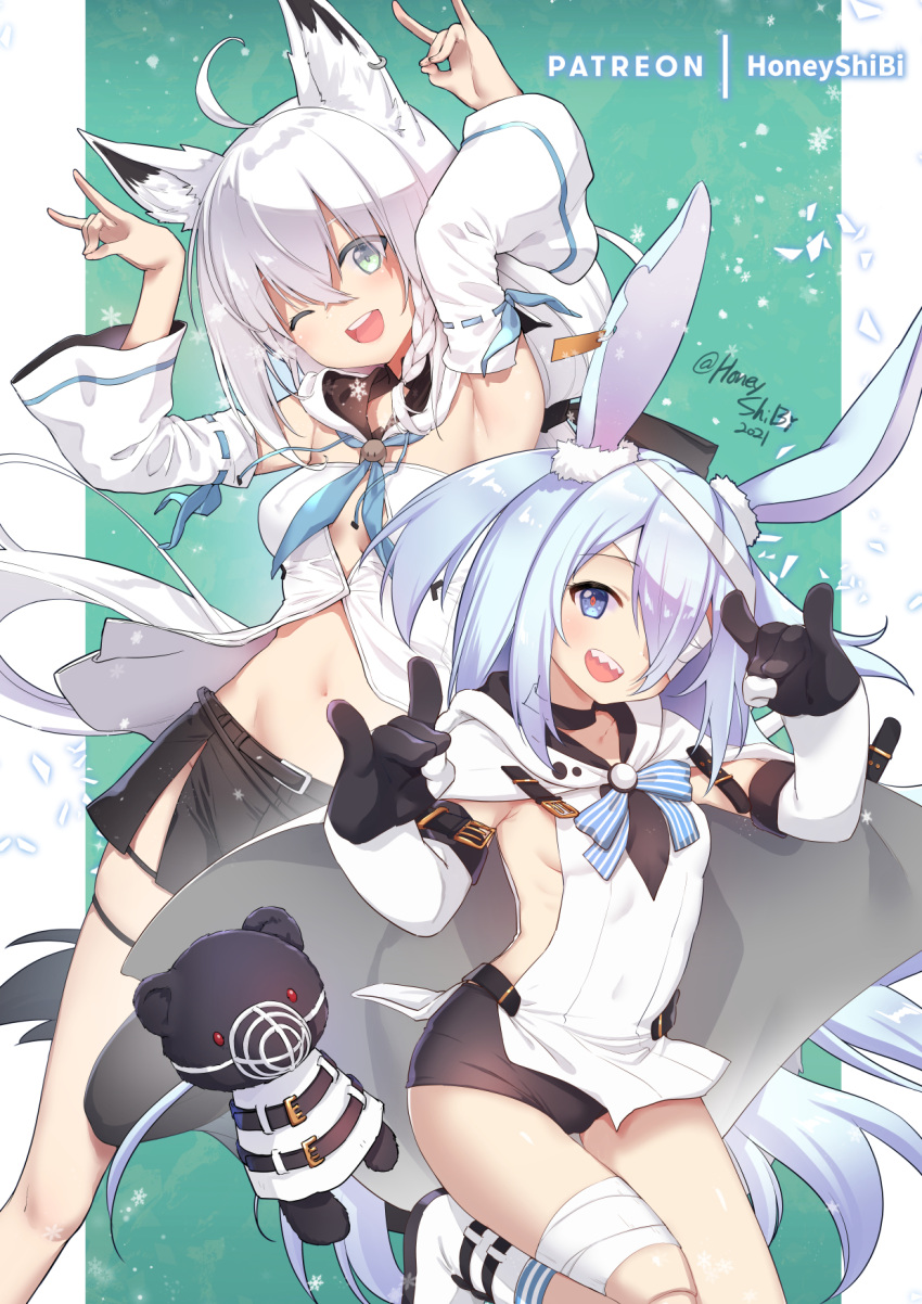 2girls ;d ahoge animal_ear_fluff animal_ears armpits arms_up bandage_over_one_eye bandages bangs black_shorts blue_eyes blush boots braid breasts chinese_commentary collarbone detached_sleeves doll_joints ear_tag eyebrows_visible_through_hair fox_ears fox_girl fox_shadow_puppet fox_tail gloves green_eyes hair_between_eyes highres hololive joints little_witch_nobeta long_hair medium_breasts monica_(little_witch_nobeta) multiple_girls navel one_eye_closed open_mouth rabbit_ears ribbon-trimmed_sleeves ribbon_trim sharp_teeth shibi shirakami_fubuki short_shorts shorts sideboob sidelocks silver_hair single_braid small_breasts smile tail teeth two_side_up virtual_youtuber white_hair