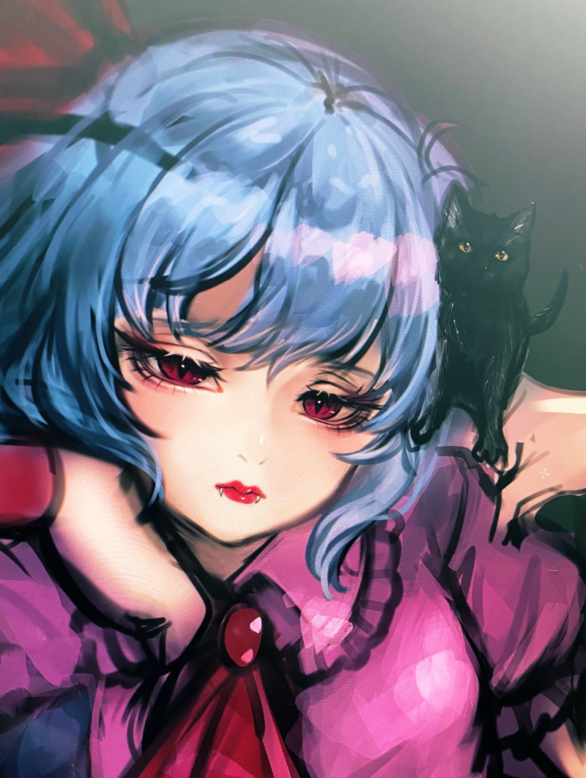 1girl ascot bangs black_cat blue_hair breasts brooch cat closed_mouth commentary_request dress expressionless eyebrows_visible_through_hair eyelashes fangs fangs_out hair_between_eyes hair_ribbon half-closed_eyes hand_on_own_cheek hand_on_own_face highres jewelry kyogoku-uru lips looking_at_viewer no_hat no_headwear pink_dress puffy_short_sleeves puffy_sleeves red_eyes red_neckwear red_ribbon remilia_scarlet ribbon short_hair short_sleeves sidelighting sketch small_breasts solo touhou upper_body wrist_cuffs