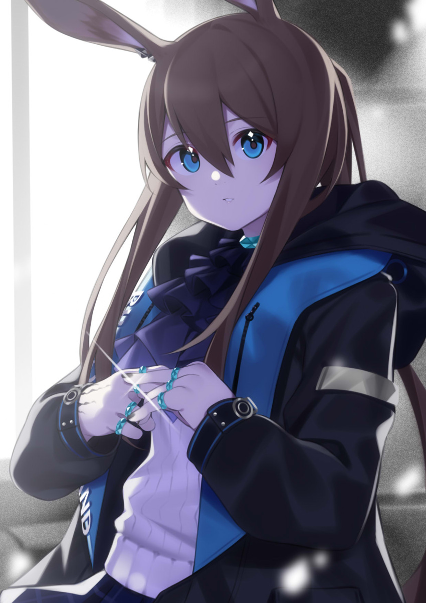 1girl amiya_(arknights) arknights bangs black_coat blue_eyes blurry brown_hair coat commentary_request depth_of_field e_draw_paint eyebrows_visible_through_hair hair_between_eyes highres hooded_coat jewelry long_hair long_sleeves looking_at_viewer parted_lips ponytail ring sidelocks solo