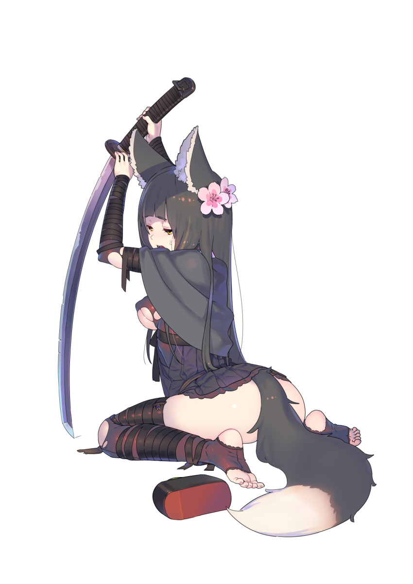 1girl animal_ears ass bangs black_capelet black_dress black_hair breasts capelet cherry_blossoms dress enkyo_yuuichirou flower fox_ears fox_tail hair_flower hair_ornament highres holding holding_sword holding_weapon katana kitsunegasaki_tametsugu_(tenka_hyakken) long_hair official_art pink_flower simple_background sitting solo sword tail tenka_hyakken thigh-highs toes torn_clothes torn_legwear wariza weapon white_background yellow_eyes