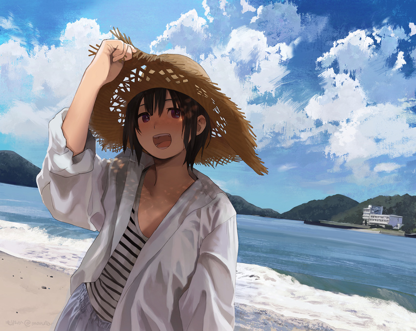 1girl arm_up beach black_eyes black_hair building clouds day hat jacket long_sleeves morifumi mountain ocean open_clothes open_jacket open_mouth original outdoors sand scenery shirt shore short_hair sky solo straw_hat striped striped_shirt upper_body water waves white_jacket white_shirt