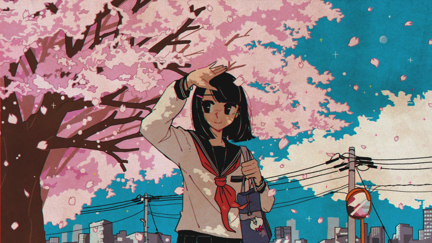 1girl arm_up awakumo bag bag_charm bangs black_sailor_collar black_skirt black_wristband blue_bag blue_sky blunt_bangs breast_pocket building charm_(object) cherry_blossoms city closed_mouth clouds commentary_request day hands_up highres long_sleeves medium_hair moon neckerchief original outdoors petals pleated_skirt pocket power_lines red_neckwear sailor_collar school_bag school_uniform serafuku shirt sideways_glance skirt sky smile solo sparkle split_mouth traffic_mirror tree utility_pole white_serafuku white_shirt wind wristband