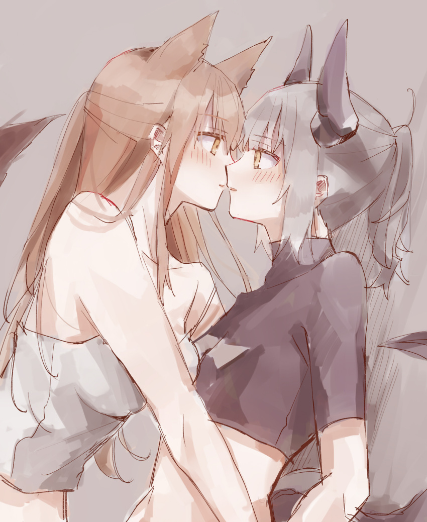 2girls animal_ears arknights blush breasts brown_hair commentary_request eye_contact eyebrows_visible_through_hair face-to-face franka_(arknights) grey_hair highres imminent_kiss liskarm_(arknights) long_hair looking_at_another matsuzaka_(matsuzakagyu_29) multiple_girls parted_lips tail yuri