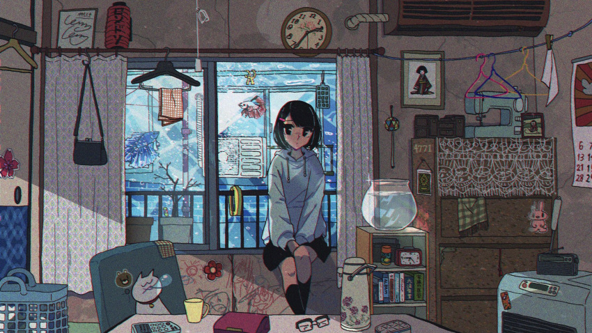 1girl :x air_bubble air_conditioner awakumo bag bag_removed between_legs black_bag black_eyes black_hair black_legwear black_skirt blue_hoodie book bookshelf bubble cabinet calendar_(object) cat child_drawing clock closed_mouth clothes_hanger commentary_request controller cup curtains drawstring eyewear_removed fish fishbowl flower_pot fusuma glasses hair_ornament hairclip hand_between_legs handbag highres hood hood_down hoodie indoors kneehighs lantern laundry_basket looking_at_viewer mug nose_bubble original paper_lantern picture_(object) plant potted_plant radio railing remote_control scarf scarf_removed short_hair sitting skirt sleeping sliding_doors solo thermos v_arms wall_clock white_cat window