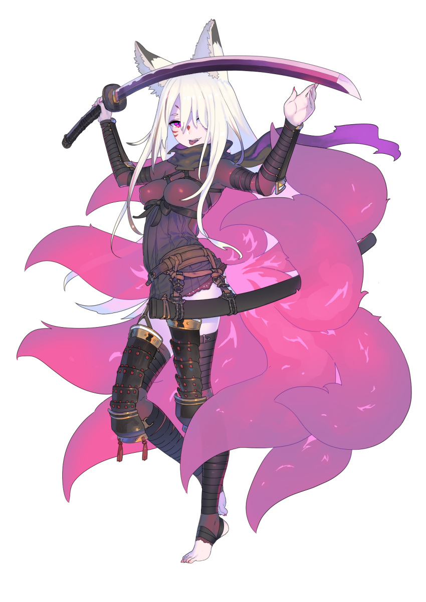 1girl animal_ears arms_up bangs belt black_dress black_legwear black_scarf blunt_bangs breasts dress enkyo_yuuichirou flower fox_ears fox_tail full_body hair_between_eyes hair_flower hair_ornament highres holding holding_sword holding_weapon katana kitsunegasaki_tametsugu_(tenka_hyakken) long_hair long_sleeves looking_at_viewer multiple_tails official_art scarf sheath simple_background smile solo sword tail tenka_hyakken thigh-highs toeless_legwear tongue tongue_out violet_eyes weapon white_background white_hair zettai_ryouiki