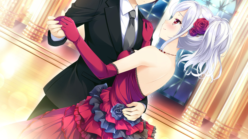 1boy 1girl backless_dress backless_outfit black_jacket blush closed_mouth collared_shirt couple dancing dress dutch_angle elbow_gloves flower game_cg gloves grey_neckwear hair_flower hair_ornament hand_on_another's_shoulder highres holding_hands indoors jacket layered_dress long_hair mibu_natsuki_(ojou-sama_wa_sunao_ni_narenai) mole mole_under_eye naruse_hirofumi necktie official_art ojou-sama_wa_sunao_ni_narenai ponytail profile red_dress red_eyes red_flower red_gloves red_rose rose shiny shiny_hair shirt shoulder_blades silver_hair sleeveless sleeveless_dress smile strapless strapless_dress white_shirt wing_collar