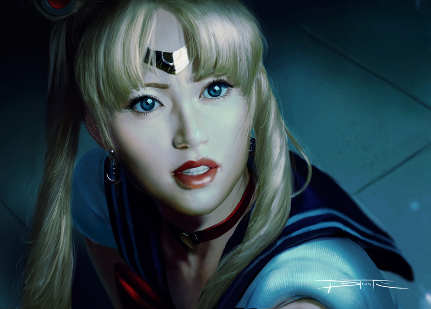 1girl bishoujo_senshi_sailor_moon blonde_hair blue_eyes choker circlet clenched_teeth crescent crescent_earrings derivative_work earrings eyebrows_behind_hair eyelashes heart heart_choker highres jewelry lips parted_lips photorealistic portrait red_lips sailor_collar sailor_moon sailor_moon_redraw_challenge screencap_redraw signature solo teeth tiago_datrinti tsukino_usagi twintails upper_body
