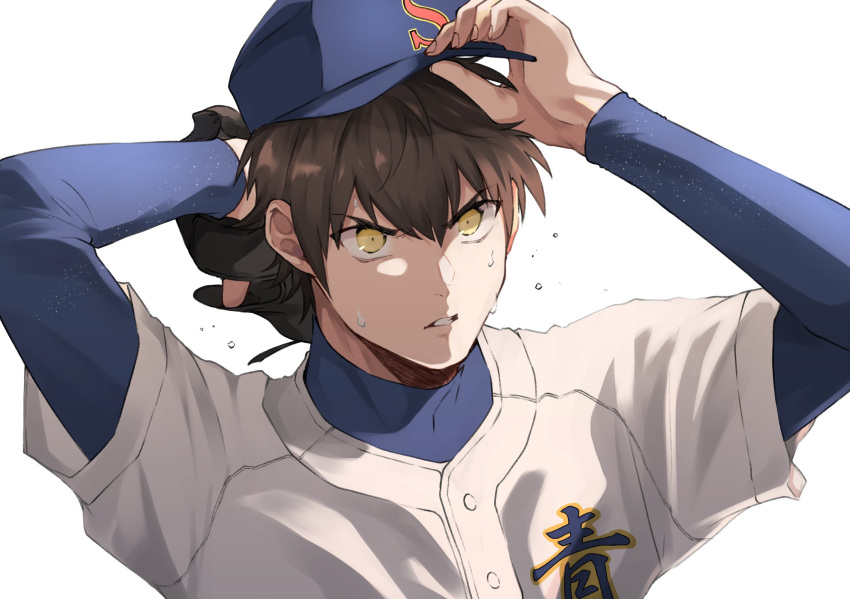 1boy ace_of_diamond aiaipoponta0605 bangs baseball_cap baseball_jersey baseball_mitt baseball_uniform blue_headwear brown_eyes brown_hair hand_up hat highres holding holding_clothes holding_hat male_focus parted_lips sawamura_eijun short_hair sportswear sweat sweatdrop upper_body white_background