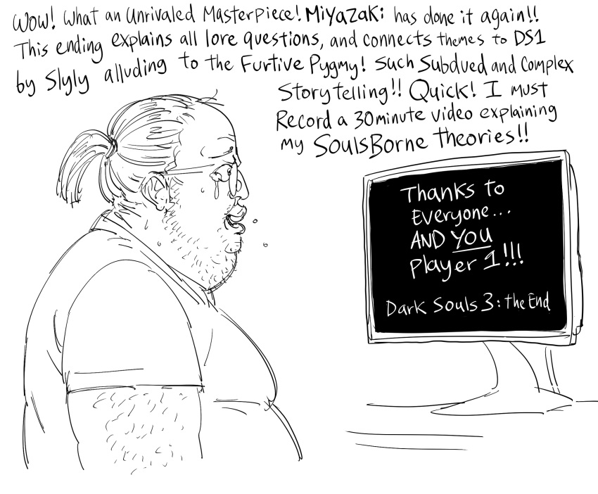 1boy bb_(baalbuddy) computer dark_souls_(series) dark_souls_iii english_text facial_hair fat fat_man from_software glasses highres monitor open_mouth shirt short_ponytail simple_background solo speech_bubble tearing_up tears white_background