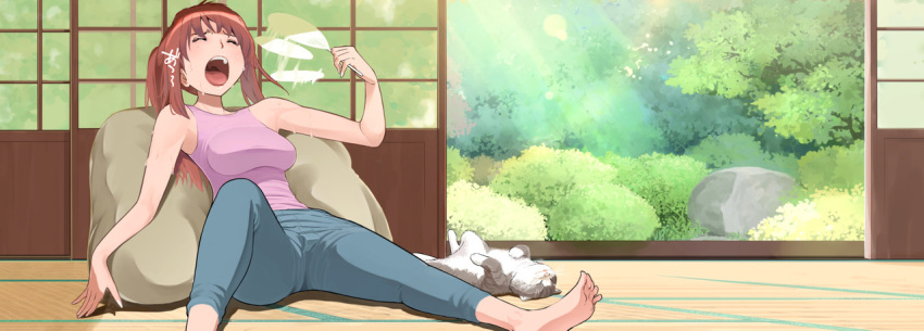 1girl afterimage bare_arms bare_shoulders barefoot breasts brown_hair cat closed_eyes day hand_fan holding holding_fan hot indoors knee_up lying medium_breasts on_back open_door open_mouth original paper_fan pink_shirt reclining shiratama_(monster1553) shirt soles solo tatami twintails yawning