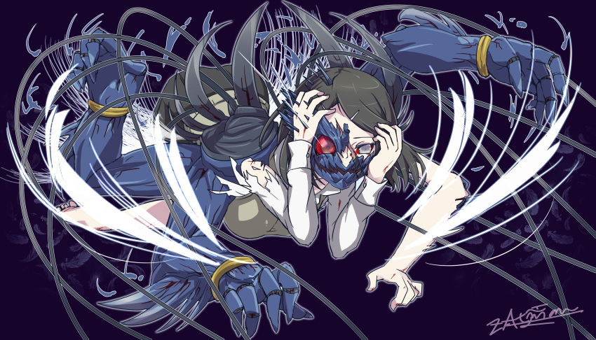 1girl absurdres barefoot black_hair bleeding blood blue_background blue_skin bracelet colored_skin cuts extra_arms grey_eyes hair_ornament hairclip hands_up heterochromia highres injury jewelry monster_girl original red_eyes simple_background solo torn_clothes transformation zetamanas_atman
