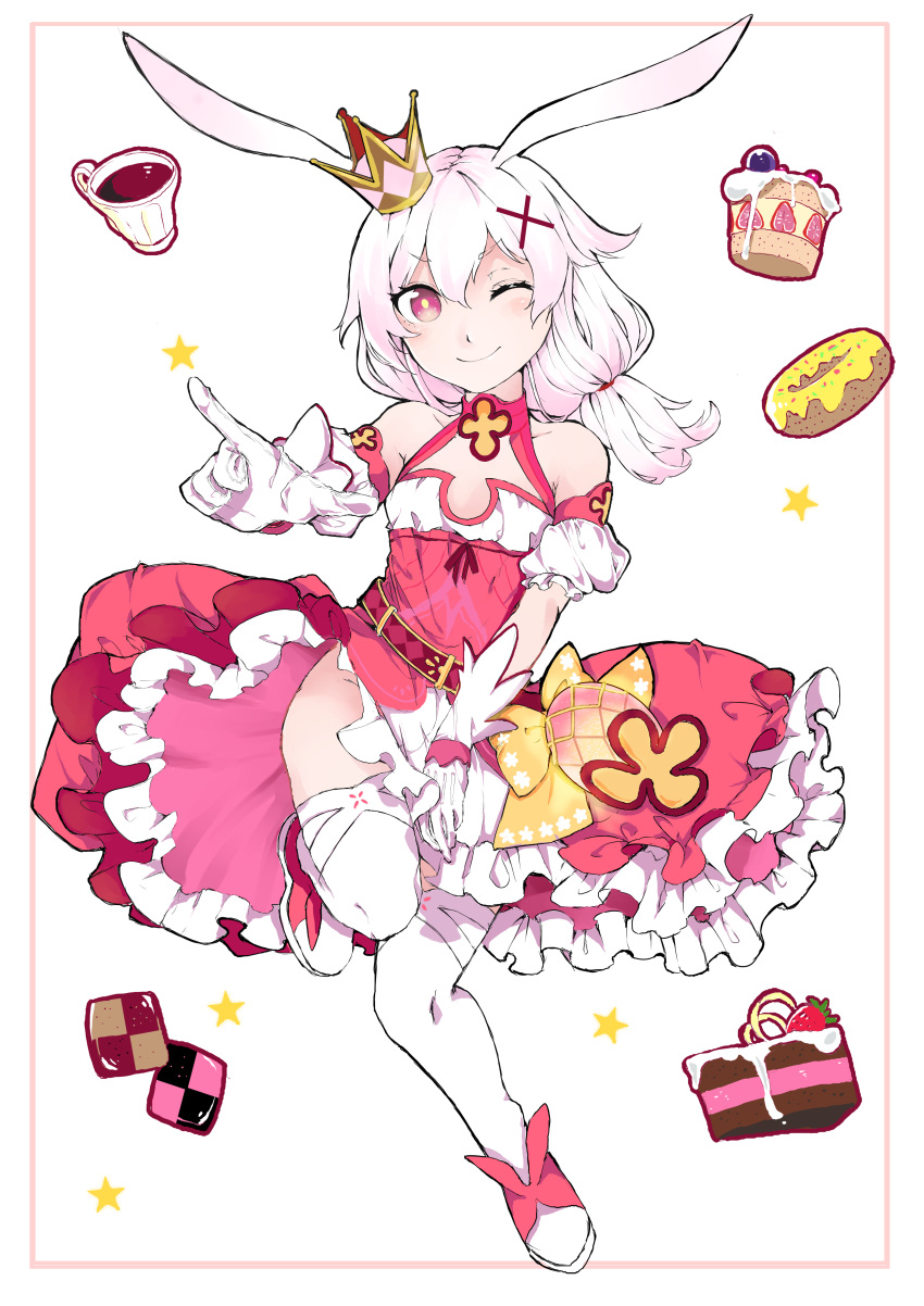 1girl absurdres animal_ears bangs bare_shoulders border cake cake_slice closed_mouth crown cup cupcake doughnut dress food fox_ears full_body gloves gorun98 hair_between_eyes hair_ornament hairpin highres honkai_(series) honkai_impact_3rd index_finger_raised long_hair looking_at_viewer one_eye_closed pink_dress pink_eyes pink_footwear pointing pointing_at_viewer shoes short_sleeves side_ponytail simple_background smile solo sweets teacup theresa_apocalypse theresa_apocalypse_(sakura_rondo) thigh-highs v-shaped_eyebrows white_background white_gloves white_hair white_legwear