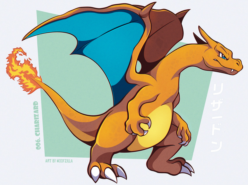 artist_name blue_eyes character_name charizard claws commentary english_commentary fang fire flame from_side full_body highres no_humans parted_lips pokedex_number pokemon pokemon_(creature) solo standing woofzilla