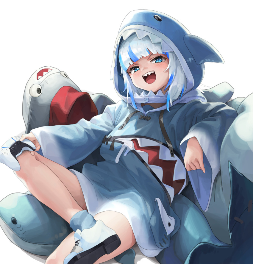 1girl :d absurdres animal_hood bangs bloop_(gawr_gura) blue_eyes blue_legwear blunt_bangs blush controller fish_tail game_controller gawr_gura highres holding holding_controller holding_game_controller hololive hololive_english hood hood_up looking_at_viewer multicolored_hair open_mouth shark_hood shark_tail sharp_teeth shoes simple_background sitting smile socks solo streaked_hair tail teeth white_background white_footwear white_hair wonchun