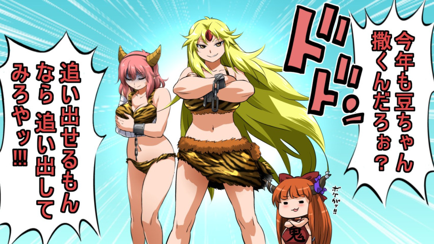 3girls =_= animal_print bandaged_arm bandages blonde_hair blush bow breasts collarbone commentary_request covering covering_breasts crossed_arms embarrassed emphasis_lines fake_horns grin hair_between_eyes hair_bow height_difference horn_ornament horn_ribbon horns hoshiguma_yuugi ibaraki_kasen ibuki_suika knees large_breasts long_hair looking_at_viewer multiple_girls navel oni_horns orange_hair pink_hair purple_ribbon red_bow ribbon shaded_face short_hair shundou_heishirou single_horn smile tiger_print touhou translation_request upper_body yellow_eyes