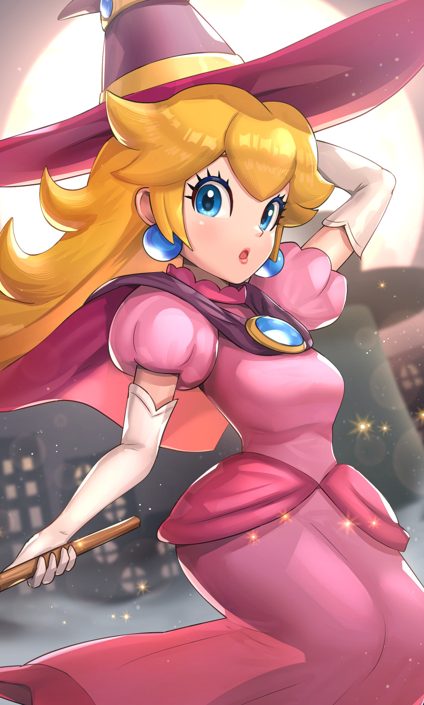 1girl :o blonde_hair blue_eyes capelet commentary_request dress earrings elbow_gloves gloves gonzarez hat highres jewelry lips long_hair looking_at_viewer pink_dress pink_headwear princess_peach solo super_mario_bros. white_gloves witch_hat