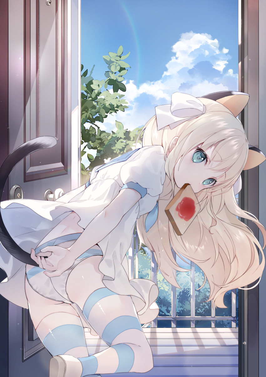 1girl absurdres amafuyu animal_ears bangs blue_eyes blue_neckwear blue_sailor_collar blue_sky cat_ears cat_tail clouds commentary_request day dress eyebrows_visible_through_hair food food_in_mouth from_behind hair_ribbon highres jam long_hair mouth_hold neckerchief open_door original panties puffy_short_sleeves puffy_sleeves ribbon sailor_collar shoes short_sleeves sky solo standing standing_on_one_leg striped striped_legwear striped_panties tail tail_raised thigh-highs toast toast_in_mouth underwear white_dress white_footwear white_hair white_ribbon