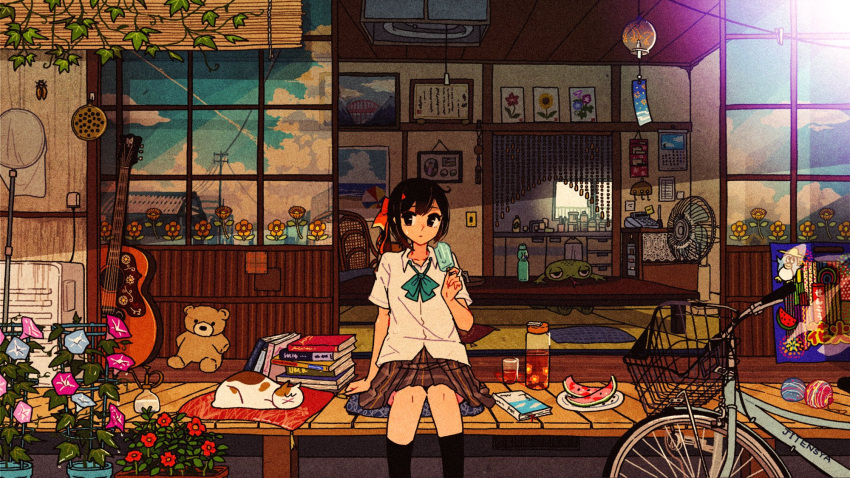 1girl :x acoustic_guitar aqua_bow aqua_neckwear arm_at_side arm_support awakumo beads bicycle black_hair black_legwear blinds blue_flower book book_stack bottle bow bowtie bug building butterfly_net cabinet calendar_(object) calico cat chair cicada closed_mouth clouds coffee_table collarbone collared_shirt commentary_request creature cup cushion drawer drink drinking_glass electric_fan evening film_grain flower flower_pot food fruit grey_skirt ground_vehicle guitar hair_ribbon hand_net hand_up hanging_light highres holding holding_food instrument kneehighs kunreishiki light_switch looking_at_viewer loose_neckwear morning_glory original outdoors phone picture_(object) pink_flower plaid plaid_skirt plant plate pleated_skirt popsicle potted_plant power_lines purple_flower ramune red_flower red_ribbon reflection ribbon romaji_text school_uniform shirt short_hair short_sleeves sitting skirt sky sliding_doors solo stuffed_animal stuffed_toy summer tassel tatami teddy_bear trellis utility_pole veranda vines watermelon watermelon_seeds white_shirt wing_collar yellow_flower zabuton