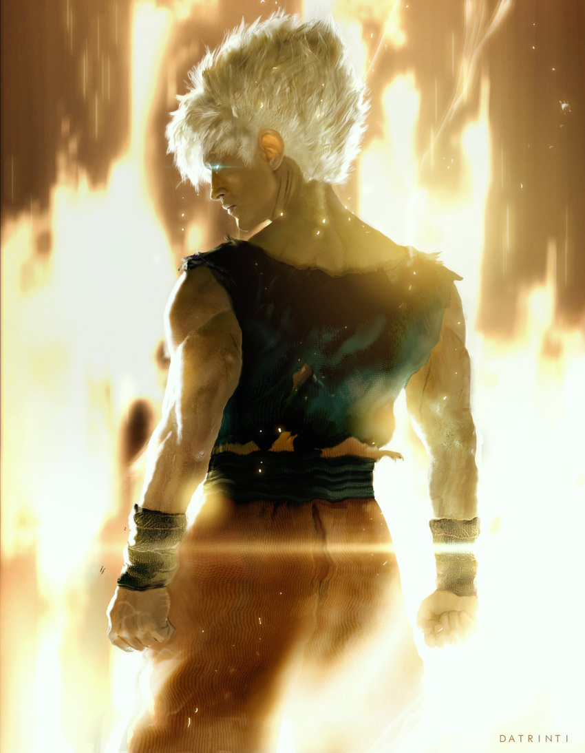 1boy artist_name aura blue_eyes clenched_hands dragon_ball dragon_ball_z from_behind glowing glowing_eyes highres lens_flare male_focus muscular muscular_male platinum_blonde_hair realistic solo son_goku super_saiyan super_saiyan_1 tiago_datrinti torn_clothes wristband