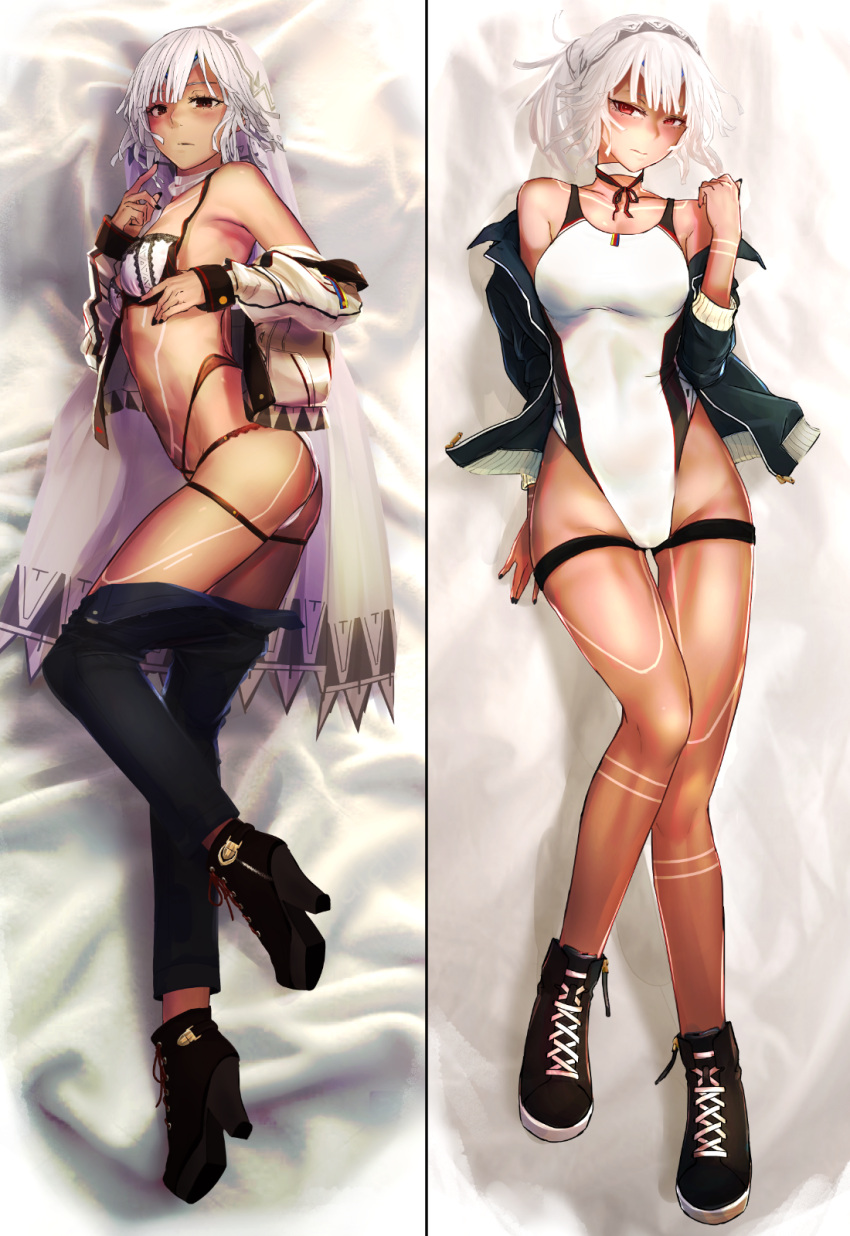 1girl altera_(fate) ass bare_shoulders bikini black_footwear black_nails black_pants blush boots breasts choker closed_mouth clothes_pull competition_swimsuit dakimakura_(medium) dark-skinned_female dark_skin fate/grand_order fate_(series) fingernails green_jacket high_heel_boots high_heels highres i-pan jacket jacket_partially_removed looking_at_viewer lying medium_breasts medium_hair multiple_views nail_polish on_back on_side one-piece_swimsuit open_clothes open_jacket pants pants_pull red_eyes swimsuit thigh_gap veil white_bikini white_choker white_hair white_swimsuit