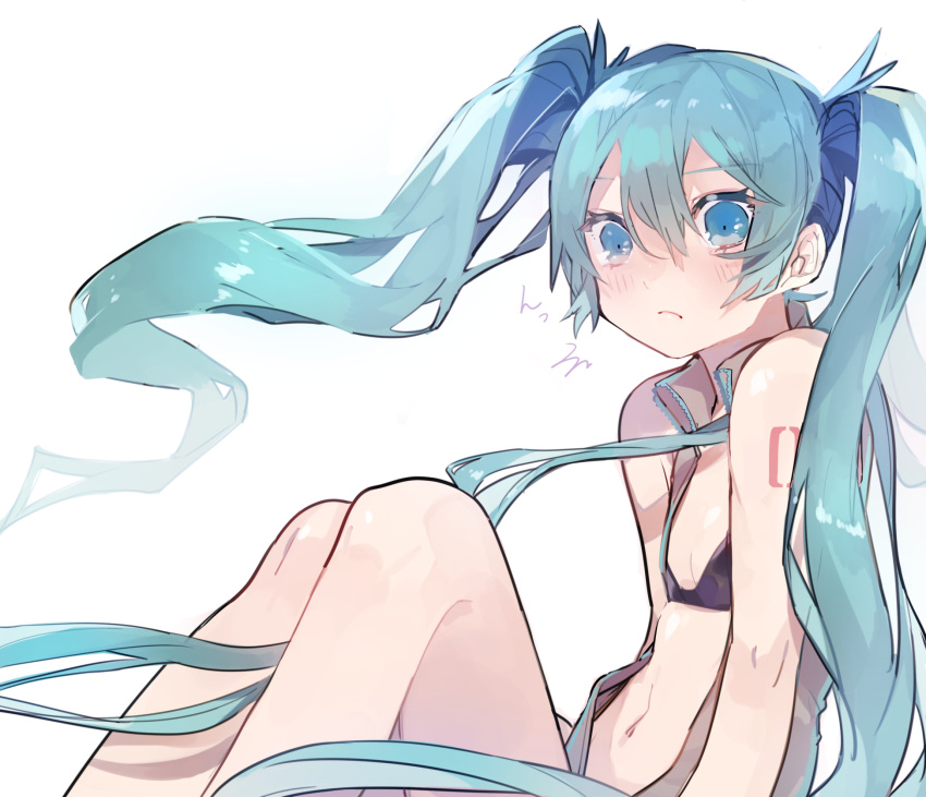 1girl bangs bare_shoulders bikini black_bikini blue_eyes blue_hair blush closed_mouth collared_shirt eyebrows_visible_through_hair flat_chest from_side grey_shirt hatsune_miku highres knees_up long_hair looking_back looking_to_the_side naruto_maki navel number_tattoo open_clothes open_shirt shirt shoulder_tattoo simple_background sitting sleeveless sleeveless_shirt solo swimsuit tattoo twintails very_long_hair vocaloid white_background