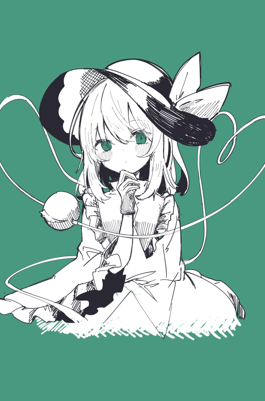 1girl bangs closed_mouth cropped_legs eyebrows_visible_through_hair gloves green_background green_eyes hand_on_own_chin hat hat_ribbon heart heart_of_string highres komeiji_koishi limited_palette looking_at_viewer medium_hair ribbon sabatuki simple_background solo third_eye touhou