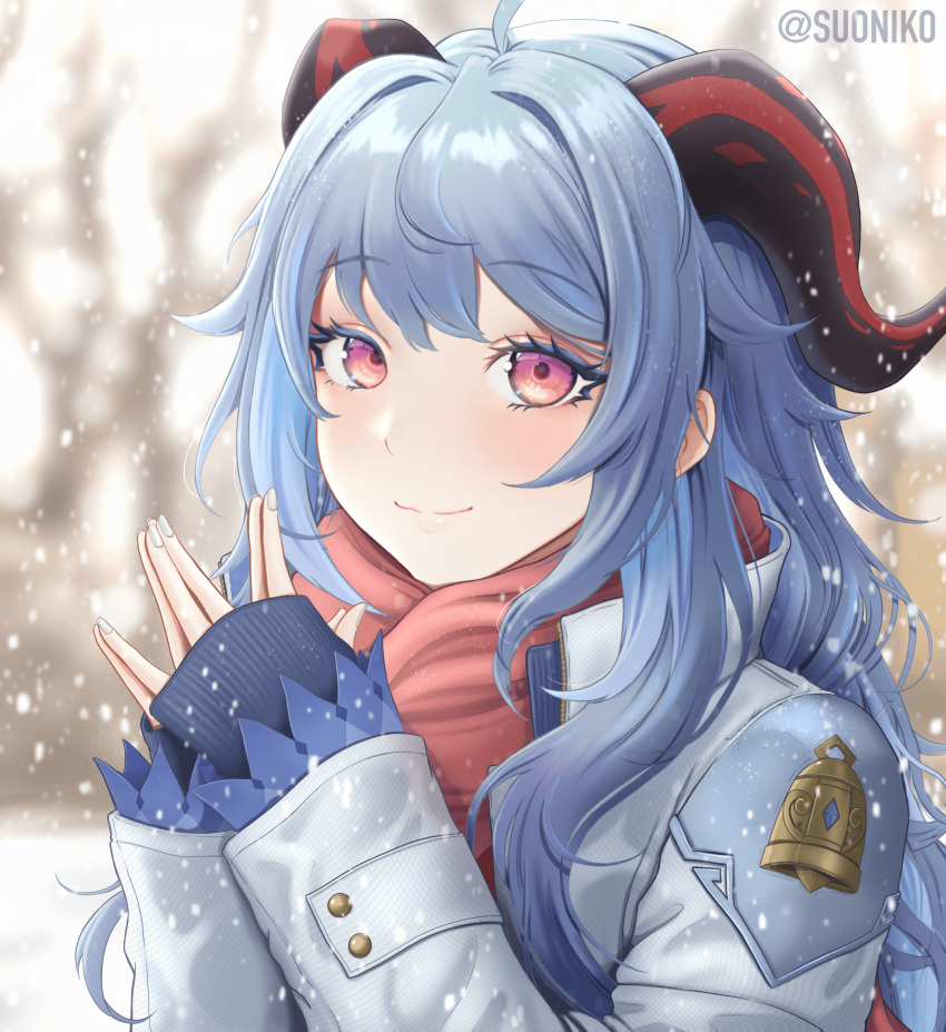 absurdres ahoge alternate_costume artist_name bangs bell blue_hair commentary curled_horns english_commentary eyebrows_visible_through_hair fingers_together ganyu_(genshin_impact) genshin_impact highres horns jacket long_hair looking_at_viewer multicolored multicolored_eyes own_hands_together scarf sidelocks smile snow steepled_fingers suoniko