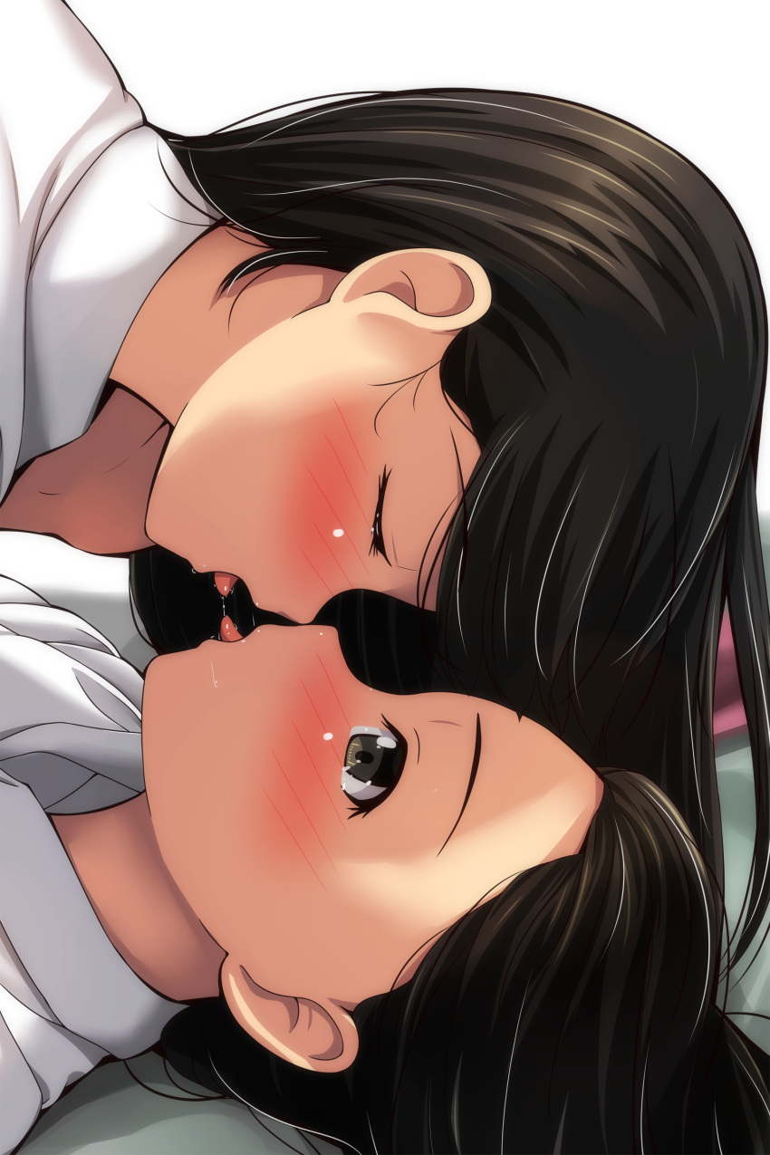 2girls absurdres black_hair blush closed_eyes collared_shirt facing_another french_kiss girl_on_top grey_eyes highres kiss looking_at_another lying matsunaga_kouyou multiple_girls nose_blush on_back original portrait saliva shirt tongue tongue_out white_shirt yuri