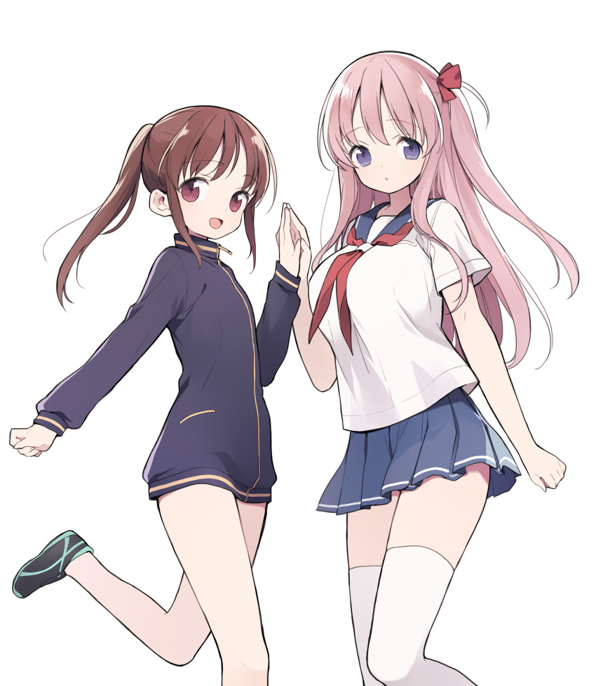 2girls :d :o absurdres bangs black_footwear black_jacket blue_sailor_collar blue_skirt breasts brown_eyes brown_hair eyebrows_visible_through_hair hands_together haramura_nodoka highres itsumi_(itumiyuo) jacket long_hair long_sleeves medium_breasts multiple_girls neckerchief one_side_up open_mouth palms_together parted_lips pink_hair pleated_skirt ponytail red_neckwear sailor_collar saki saki_achiga-hen shirt shoes short_sleeves simple_background skirt smile takakamo_shizuno track_jacket very_long_hair violet_eyes white_background white_shirt