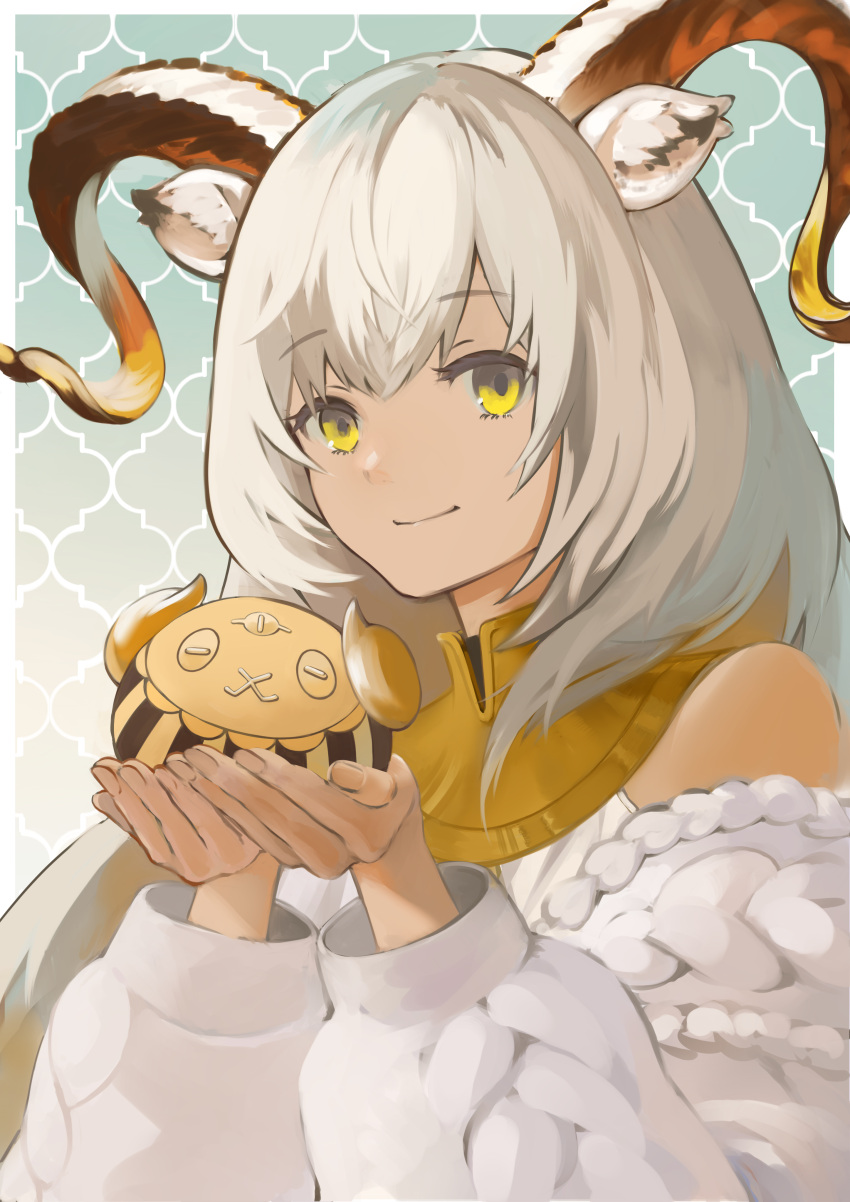 1girl absurdres animal_ears arknights beeswax_(arknights) beeswax_(weisser_sand)_(arknights) can_d dark-skinned_female dark_skin eyebrows_visible_through_hair goat_ears goat_girl goat_horns highres holding horns long_hair looking_at_viewer official_alternate_costume smile solo sweater upper_body white_hair white_sweater yellow_collar yellow_eyes
