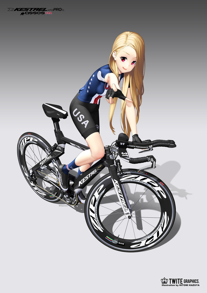 1girl america bicycle bike_jersey bike_shorts blonde_hair breasts fingerless_gloves gloves ground_vehicle highres hitomi_kazuya long_hair open_mouth outstretched_arms pink_eyes pointing pointing_at_viewer simple_background smile solo