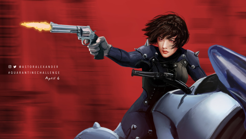 1girl absurdres astor_alexander braid brown_hair crown_braid dated firing gloves ground_vehicle gun highres motor_vehicle motorcycle muzzle_flash niijima_makoto persona persona_5 red_background red_eyes red_lips revolver riding serious short_hair shoulder_spikes solo spikes twitter_username weapon white_gloves